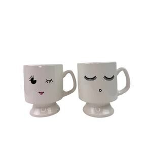 Sparrow & Wren White Emoji Ceramic Cups Winking Blinking Eyes Closed Set of 2
